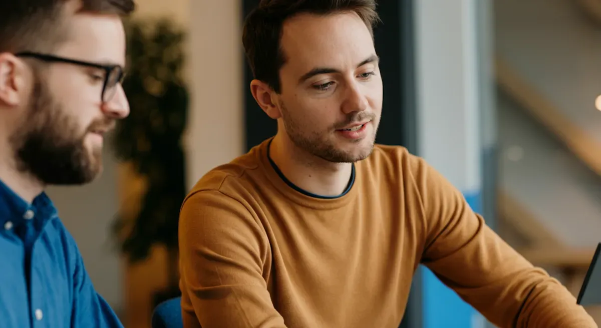 Två män i samtal, en med glasögon och skägg, en i senapsgul tröja