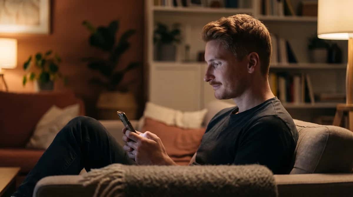 En man sitter i en soffa och tittar på sin upplysta mobiltelefon i ett varmt upplyst rum