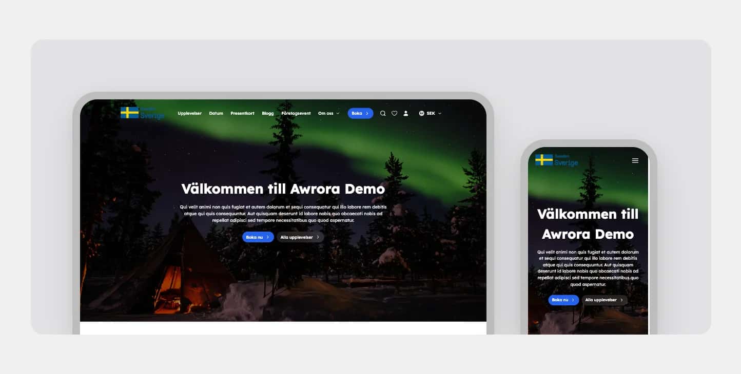 En datorskärm och en mobiltelefon som visar en webbplats med norrsken och texten ”Välkommen till Awrora Demo