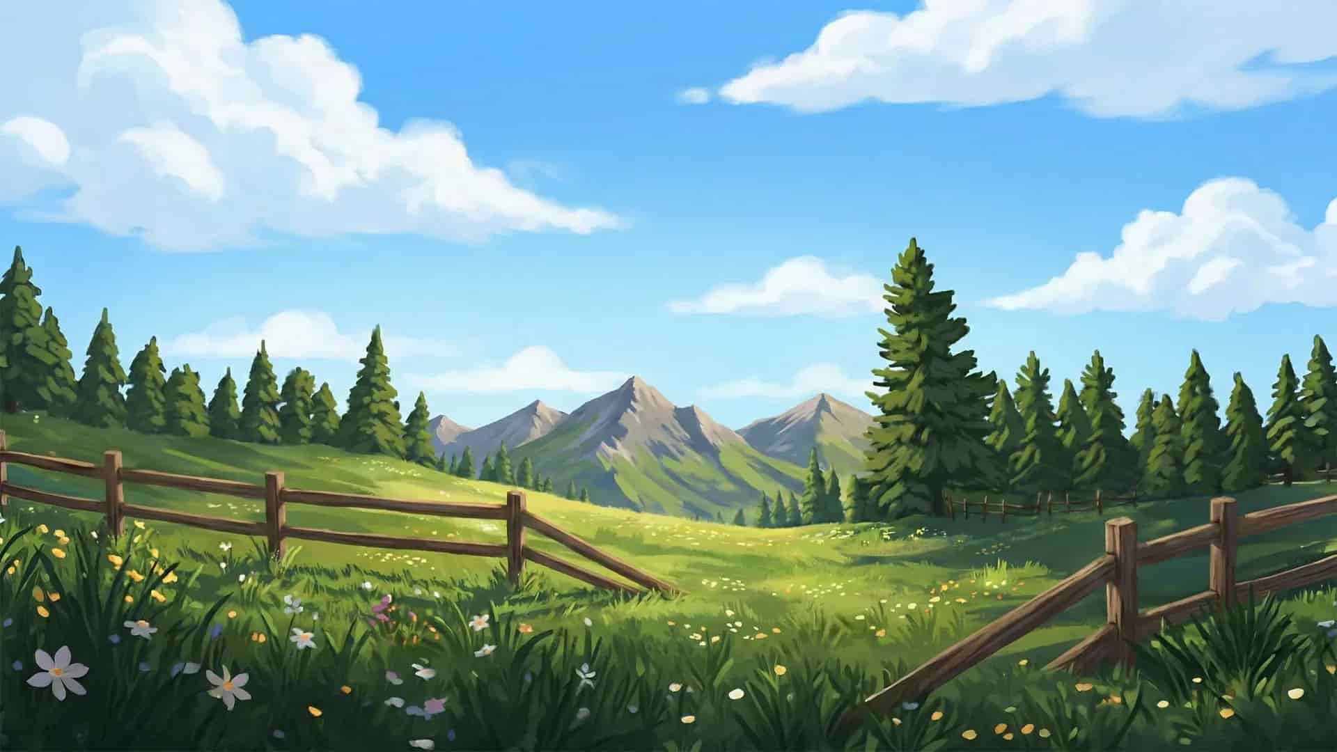 Tecknad illustration av äng med blommor, staket, berg och himmel med moln