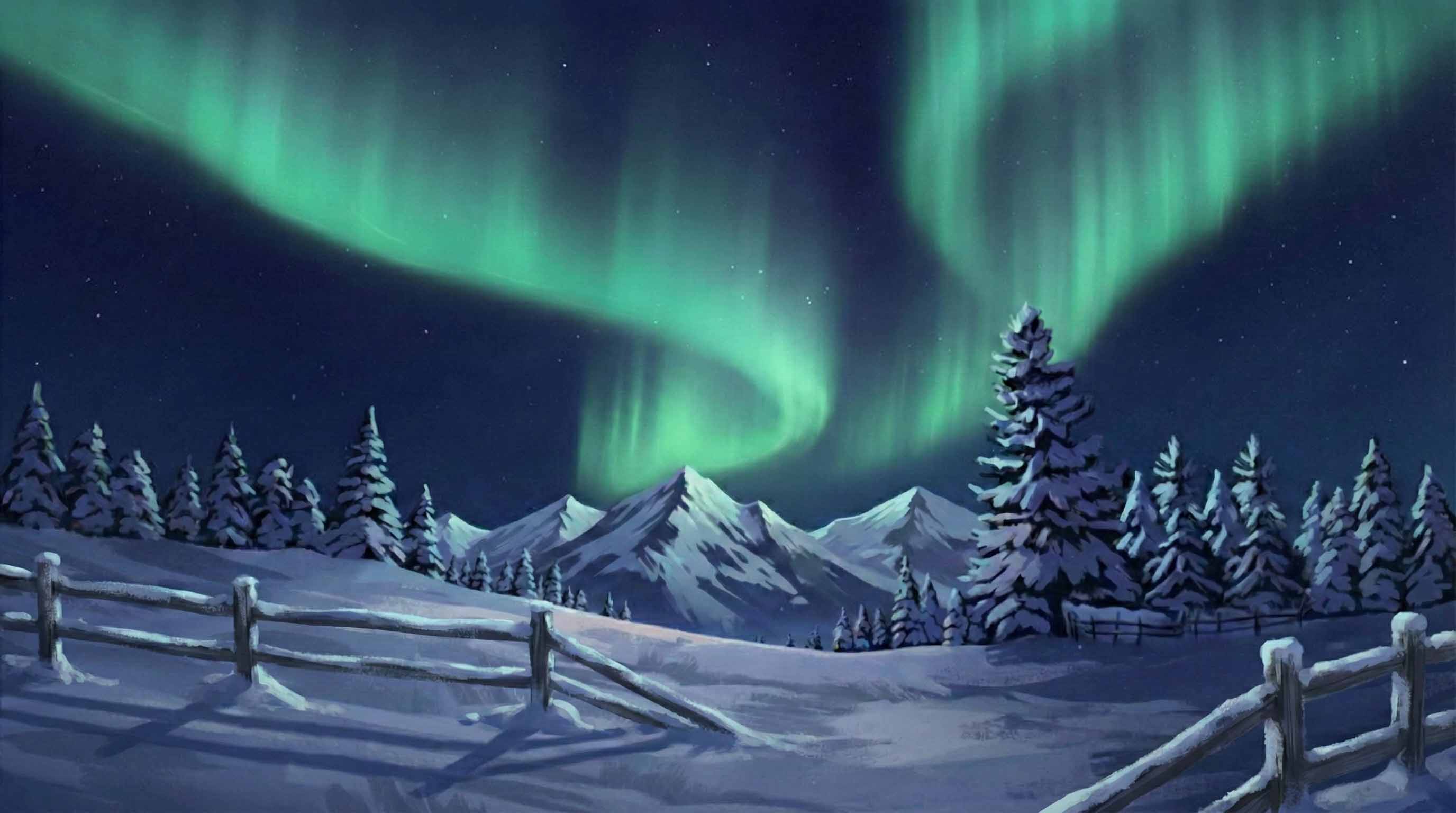 Målning av norrsken över snötäckta berg och tallar