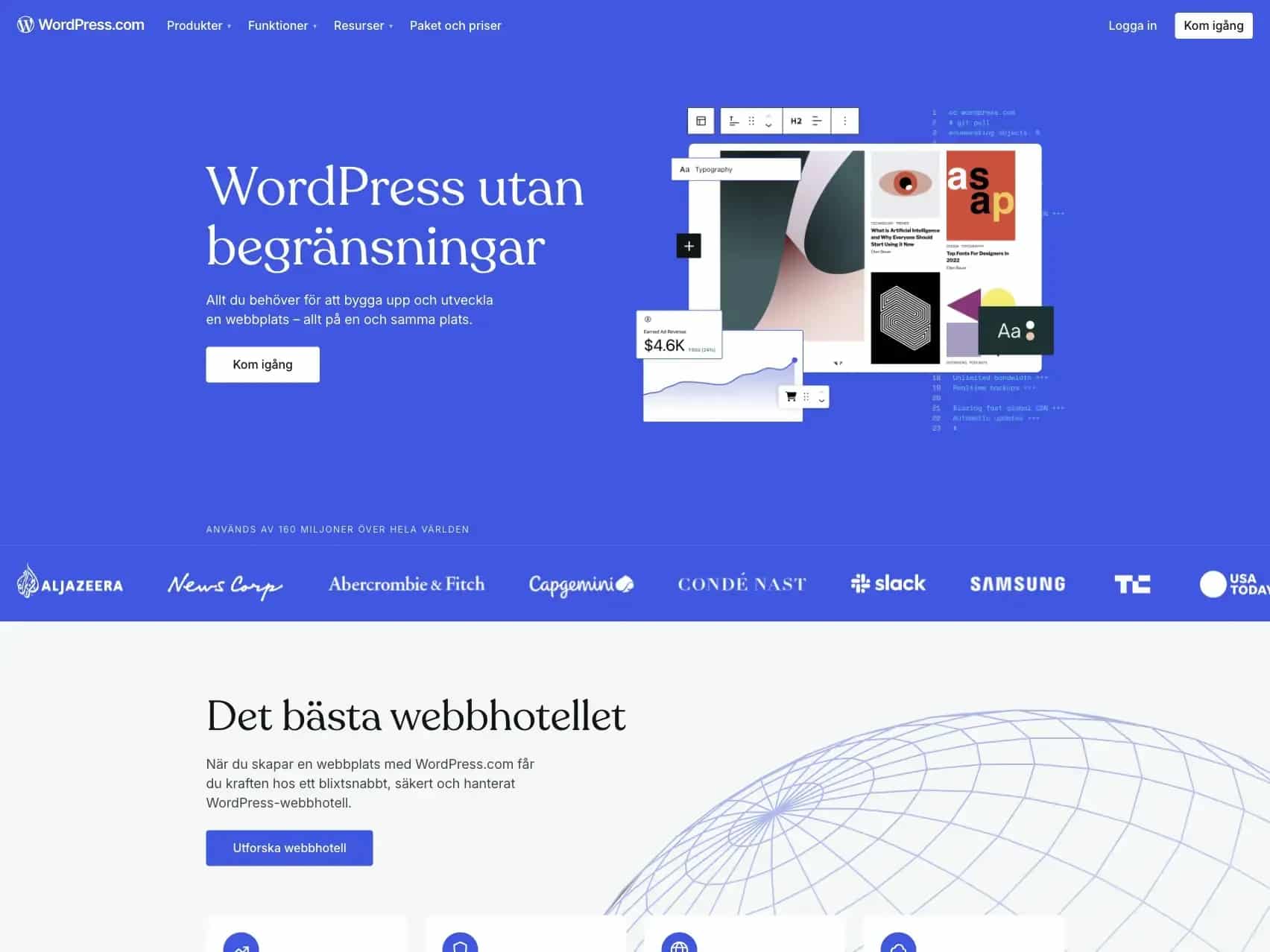 Webbsida för Wordpress.com med text, illustrationer och företagsloggor
